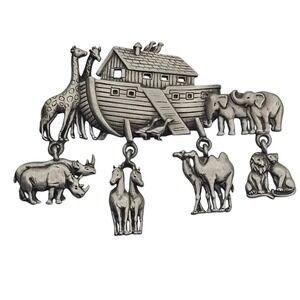 Vtg JJ Noah's Ark Brooch Pin Dangle Animal Charms 3" Faith Religious Pewter Grey